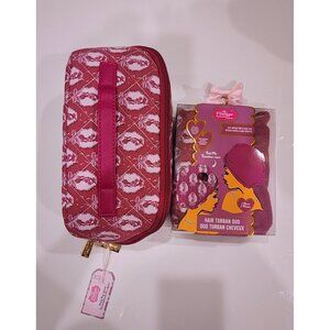 The Vintage Cosmetic Company Hair Turban Duo + Cosmetic Bag Set — Burgundy Cameo